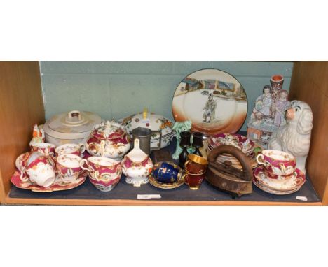 Shelf of ceramics including tea wares, Staffordshire spill vase and spaniel, Carlton ware cabinet cups, Royal Doulton plates,