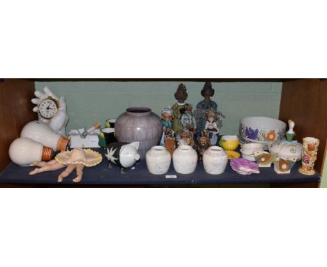 A collection of novelty ceramics to include various stoneware figures, mugs, novelty ashtray, Bonasserd Pottery (one shelf)