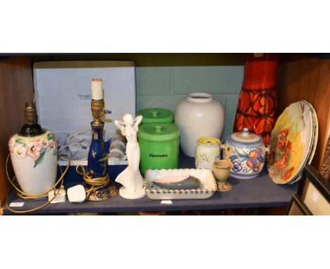 ^ Poole pottery including a red ground vase, a white vase and jar and cover, together with two vibrant green Carlton ware sto