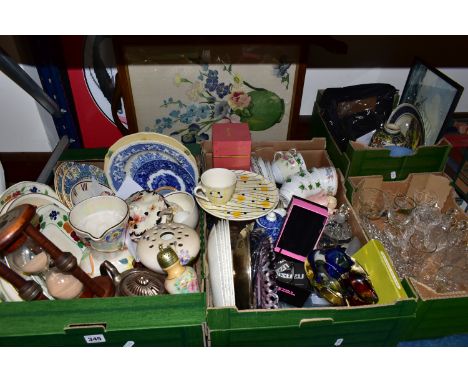 FOUR BOXES OF CERAMICS AND GENERAL SUNDRIES, to include an oak framed fire screen with a hand embroidered panel of a vase of 