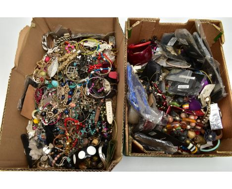 TWO BOXES OF COSTUME JEWELLERY, to include beaded necklaces, bracelets, brooches, rings, bangles, trinket boxes, wristwatches