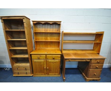 A SELECTION OF PINE FURNITURE, to include a desk with four assorted drawers, a dresser, a corner bookcase, and a three tier h