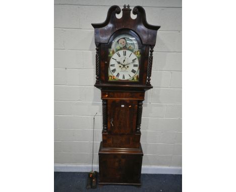 A GEORGIAN FLAME MAHOGANY EIGHT DAY LONGCASE CLOCK, the hood with a swan neck pediment, barley turned pillars, flanking a gla