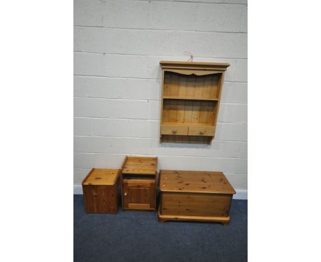 A MODERN PINE BLANKET CHEST, width 80cm x depth 39cm x height 45cm, a single door cabinet, a hanging wall shelf, with two dra