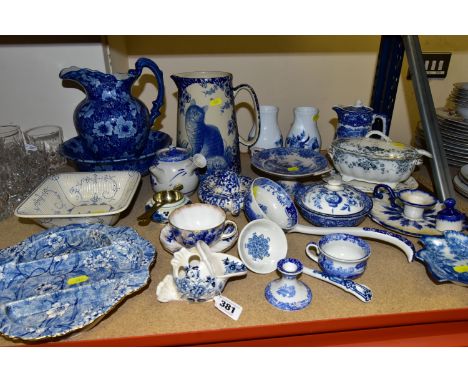 A COLLECTION OF BLUE AND WHITE CERAMICS, comprising a Staffordshire ironstone candle holder, a square Boche 'La Louviere' dis