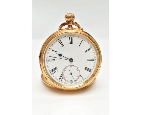 AN EDWARDIAN 18CT GOLD OPEN FACE POCKET WATCH, the white face with black Roman numeral markers and subsidiary seconds dial, b