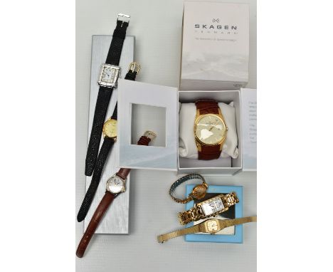 A SELECTION OF WRISTWATCHES, to include a boxed gents 'Skagen' automatic watch, together with six lady's fashion watches with