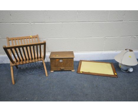A SELECTION OF OCCASIONAL FURNITURE, to include an oak sewing box with contents, a folding beech magazine rack, a desk top sl