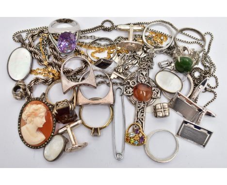 A BAG OF SILVER AND WHITE METAL JEWELLERY, to include a silver rope twist bracelet, fitted with a spring clasp, hallmarked Sh