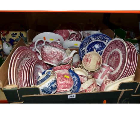 TWO BOXES OF RED AND WHITE DINNERWARES, to include five Royal Doulton 'Pomeroy' pattern soup dishes and saucers (crazed two a