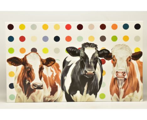 HAYLEY GOODHEAD (BRITISH CONTEMPORARY) 'DAMIEN'S HERD', a limited edition box canvas print depicting cows against a spotted b