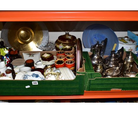 TWO BOXES OF CERAMICS AND A SILVERPLATE TEA SET, to include a blue and white Adams 'Landscape' pattern twin handled dish, a R