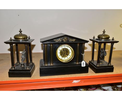 A VICTORIAN BLACK SLATE MANTEL CLOCK AND GARNITURE, comprising  two Portico garniture, with Roman figures, metal columns deta