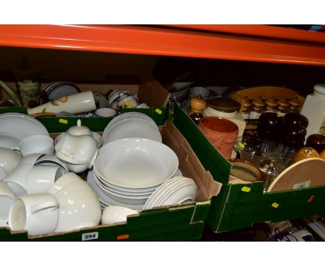 SIX BOXES OF CERAMICS AND GLASSWARE, to include an M&amp;S 'Maxim' white dinner set, spice rack with glass jars, a collection