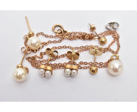 A CULTURED PEARL NECKLACE AND CULTURED PEARL EARRINGS, a single white cultured pearl with 9ct yellow gold fittings, hallmarke