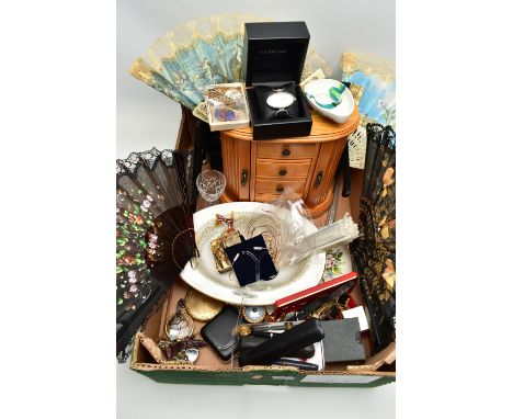 A BOX OF ASSORTED COSTUME JEWELLERY AND JEWELLERY BOXES, to include a light wooden multi storage jewellery box, a black suede