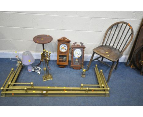 A SELECTION OF OCCASIONAL FURNITURE, to include two brass extending fenders, a companion set, brass horse shoe ornament, two 