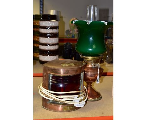 A BRASS AND COPPER OIL LAMP WITH GREEN GLASS SHADE, height approximately 39cm including shade together with a reproduction el