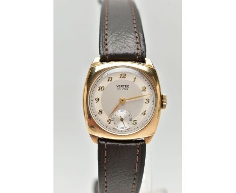 A GENTS 9CT GOLD 'VERTEX' WRISTWATCH, manual wind, round silver dial signed 'Vertex Revue', gold Arabic numerals, subsidiary 