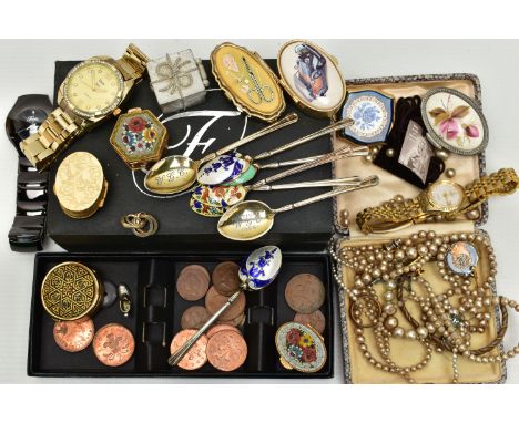 SEVEN SILVER ENAMEL TEASPOONS AND OTHER ITEMS, seven decorative enamel teaspoons, with personal engravings to each bowl, each