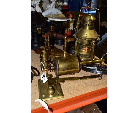 A SELECTION OF METAL WARES ETC, comprising a Salter bottle jack with fittings, miniature commemorative Humphrey Davey miners 