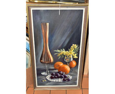 THREE DECORATIVE PICTURES COMPRISING SHEILA ANGUS, a still life study of fruit and foliage in a glass of water, signed bottom