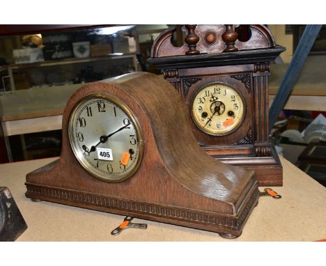 TWO WOODEN CASED MANTEL CLOCKS, with keys and pendulums, comprising a dome topped mantel clock, the German movement stamped '