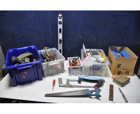 TWO BOXES OF TOOLS to include mostly vintage tools, hammers, files, hand drills, screwdrivers, g-clamp, Stanley 110 plane alo