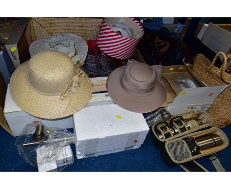 TWO BOXES AND LOOSE HANDBAGS, HATS, SHOES AND BOXED LIGHTING, to include a boxed vintage Webber hat, a Kangol ladies formal h