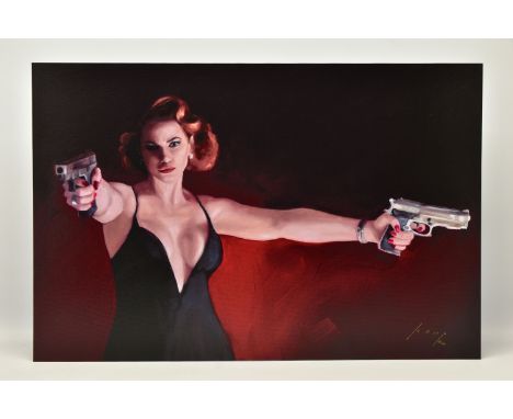 VINCENT KAMP (BRITISH CONTEMPORARY) 'CANDY CLEARS UP', a signed limited edition print depicting a female figure holding two p