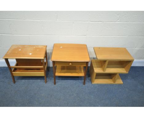 A MID CENTURY TEAK LAMP TABLE, a similar magazine rack, and a light oak shelving unit (condition:-water stains to magazine ra