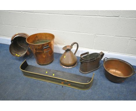 FOUR VARIOUS COPPER ITEMS, to include a cylindrical tapered bucket, with wrought iron handles, and brass banding to base, dia