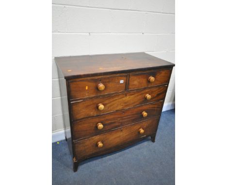 A GEORGIAN MAHOGANY CHEST OF TWO SHORT OVER THREE LONG DRAWERS, with turned handles, on splayed bracket feet, width 108cm x d