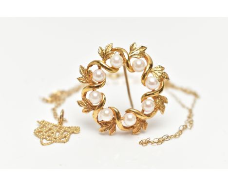 A 9CT GOLD CULTURED PEARL WREATH BROOCH AND A PENDANT NECKLACE, the openwork foliate wreath brooch set with eight cultured pe