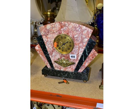 AN ART DECO MARBLE MANTLE CLOCK, the case of geometric fan design, with red and black marble and applied floral decoration, s