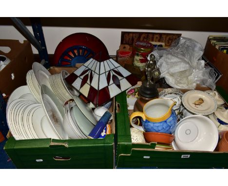 THREE BOXES OF CERAMICS, to include a Wedgwood 'Signet Platinum' dinner set, a red and white leaded glass Tiffany style ceili