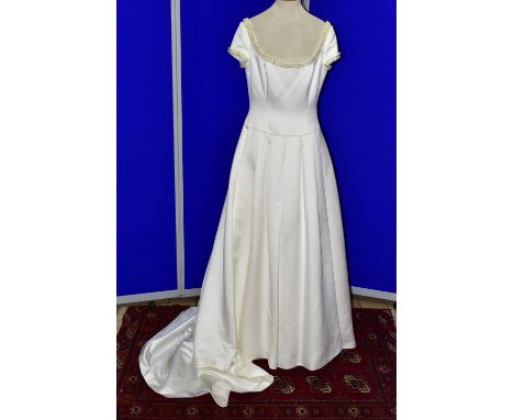 WEDDING DRESS, end of season stock clearance (may have slight marks) ivory satin, court train, princess silhouette, cap sleev