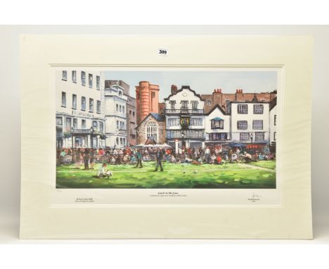 HENDERSON CISZ (BRAZIL 1960) 'LUNCH ON THE GREEN', a signed limited edition print depicting Exeter Cathedral Green, 35/195 wi