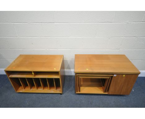 A MID CENTURY MCINTOSH TRISTOR TEAK MULTI FUCTIONAL COFFEE TABLE, with a swivel fold out top, lower cabinet and nest of table