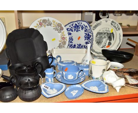 A COLLECTION OF WEDGWOOD CERAMICS, comprising a Wedgwood black basalt teapot (chipped rim and restoration work), cream jug an