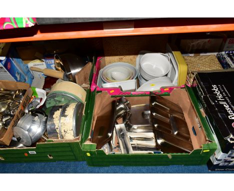 FOUR BOXES AND LOOSE KITCHEN AND TABLE WARES ETC, to include Old Hall stainless steel flat wares, teapot, water jug trays etc