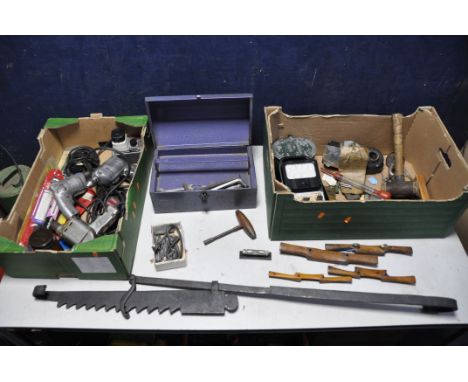TWO BOXES OF VINTAGE TOOLS to include a vintage Wolf drill, vintage Black and Decker, locks with keys, drill bits, four vinta