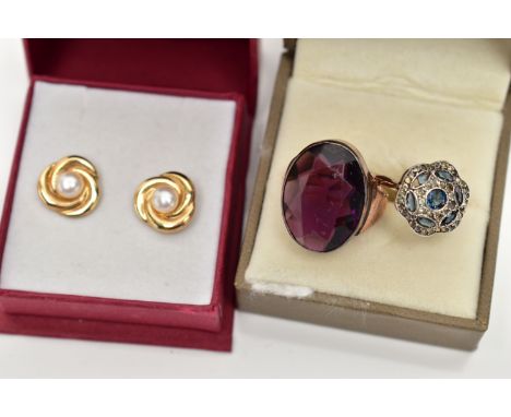 A LARGE DRESS RING, PASTE SET CLUSTER RING AND A PAIR OF EARRINGS, the first ring set with an oval cut purple paste, collet s