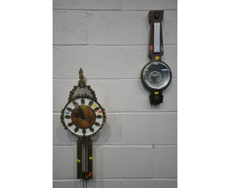 A 20TH CENTURY FRENCH WALL CLOCK, with a German movement, with two weights and pendulum, along with a modern barometer (condi