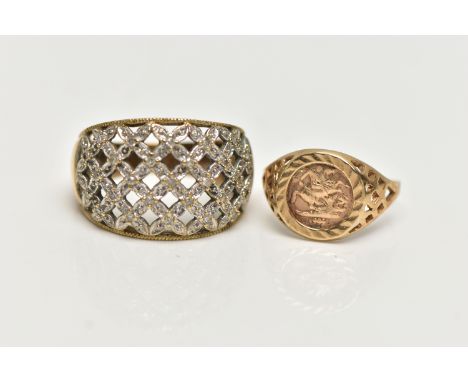 A 9CT GOLD DIAMOND DRESS RING AND A SIGNET RING, the first a wide openwork lattice detailed ring, set with single cut diamond