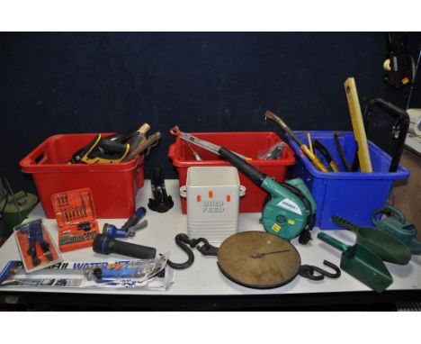 THREE TUBS OF MOSTLY HAND TOOLS to include hammers, screwdrivers, crow bars, pliers, files, set of brass Salter No20T spring 