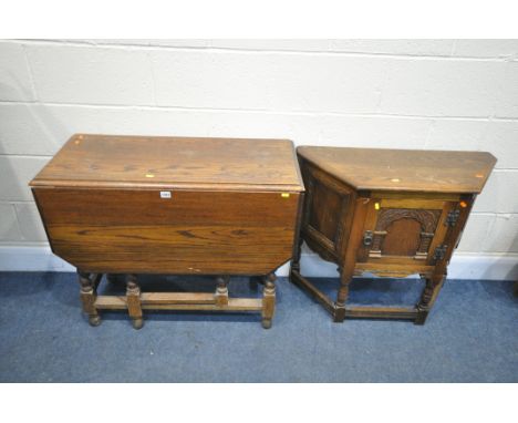 AN OLD CHARM OAK CANTED SINGLE DOOR CUPBOARD, width 81cm x depth 33cm x height 71cm, and an oak gate leg table (condition:-wa