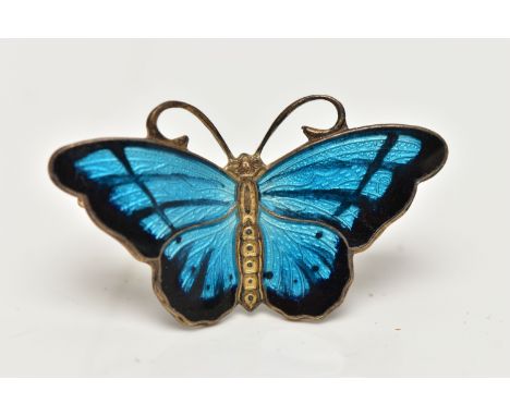 A 'HROAR PRYDZ' BUTTERFLY BROOCH,  a silver brooch with light and dark blue enamel detail, fitted with a silver pin and safet