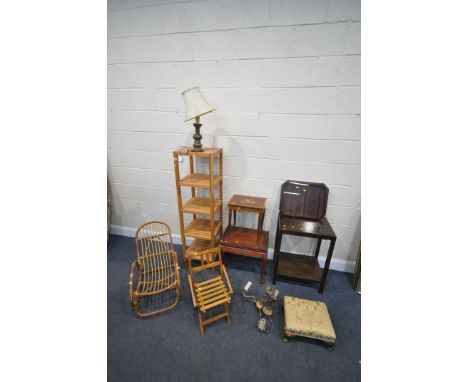 A SELECTION OF OCCASIONAL FURNITURE, to include a beech shelving unit, an oriental hardwood occasional table, an oak occasion