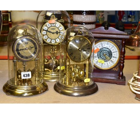 FOUR MANTEL CLOCKS, COMPRISING A HALLER ANNIVERSARY CLOCK, rotary pendulum detached, three quartz anniversary style clocks an